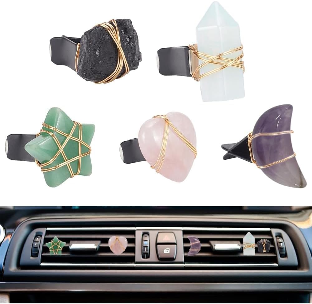 5Pcs Star Heart Gemstone Car Vent Clips Natural Stone Car Air Vent Clip Quartz Crystals Cars Vents Clips Moon Stones Car-Accessories with Copper Wire for Cars Air Vents Accessory - 5 Style