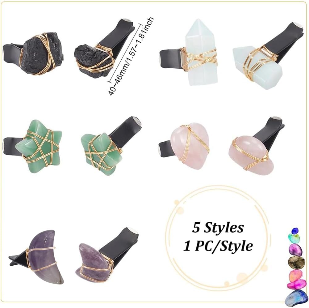 5Pcs Star Heart Gemstone Car Vent Clips Natural Stone Car Air Vent Clip Quartz Crystals Cars Vents Clips Moon Stones Car-Accessories with Copper Wire for Cars Air Vents Accessory - 5 Style - Image 2