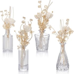4-Piece Reed Diffuser Set (4 Styles) — Includes 5.1oz Empty Bottles and 36 Reeds; Features Decorative "Baby's Breath" Accents; High-End and Stylish, Perfect for Bedroom, Bathroom, Home, and Office Decor
