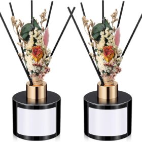 Set of 2 Reed Diffuser Kits — Featuring Floral-Shaped Diffuser Reeds; Includes Two 5 oz. Empty Glass Diffuser Bottles (for Refills); Ideal for Home & Bathroom Fragrance and Gifting; Essential Oils Not Included (Black Edition).