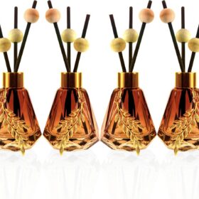 Set of 4 Empty Glass Diffuser Bottles – Refillable Diffuser Kit featuring a Diamond-Cut Design; Includes 20 Reed Sticks, 12 Wooden Beads, and 4 Metal Leaf Ornaments; 60ml Capacity, Gradient Brown Finish.
