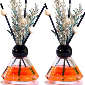 Set of 2 Empty Glass Diffuser Bottles – Refillable Decorative Bottle Kit featuring a Vintage Diamond-Cut Style; Includes 20 Reed Sticks, 10 Wooden Beads, and Dried Flower Ornaments; 100ml Capacity (2-Bottle Pack).