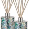 7.3oz Decorative Vertical Mosaic Glass Diffuser Set (2-Pack) — Features Silver Caps and 16 Natural Reeds; An Ideal Choice for Home Aromatherapy, Bathroom Decor, and Space Accents (Blue)